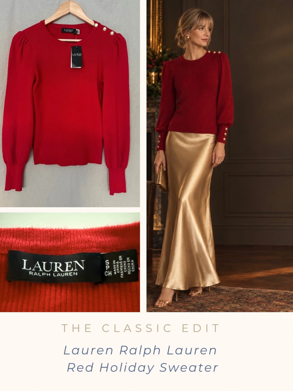Lauren Ralph Lauren Holiday Red Puff-Sleeve Sweater Gold Buttons Festive